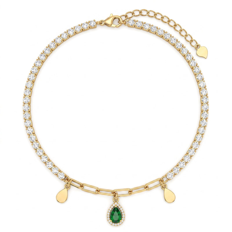 Cavigliera Tennis con Pendenti a Goccia e Zircone Verde - My Mo Gioielli
