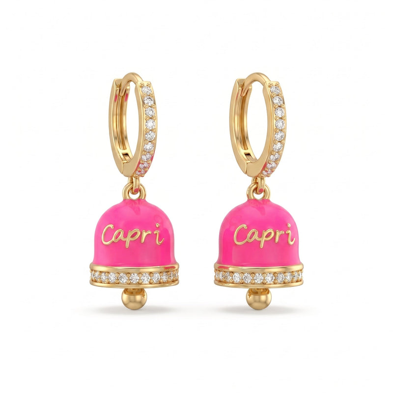 Orecchini a Cerchio Zirconati con Campanella "Capri" Rosa Fluo - My Mo Gioielli